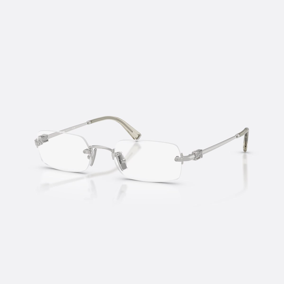 Miu Miu MU 50YV 1BC1O1 eyeglasses, silver rectangle frame for women, plain metal bridge, brand logo on temple block