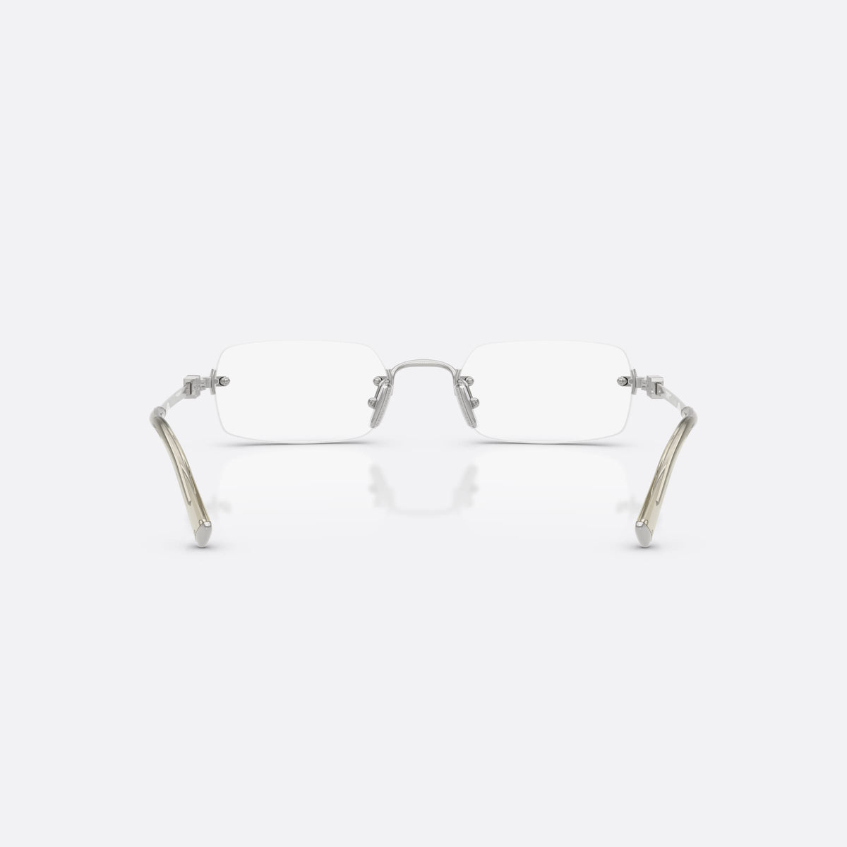 Miu Miu MU 50YV 1BC1O1 eyeglasses, silver rectangle frame for women, plain metal bridge, brand logo on temple block, back view