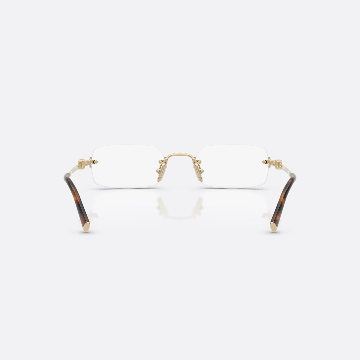 Miu Miu MU 50YV ZVN1O1 eyeglasses, gold rectangle frame for women, thin metal bridge, brand lettering on temples, back view