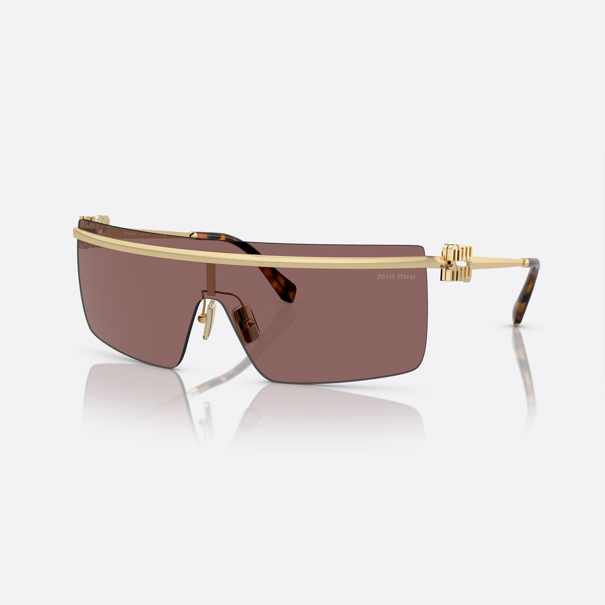 Miu Miu MU 50ZS ZVN-70D sunglasses, gold irregular frame for women, plain metal bridge, brand lettering on temples