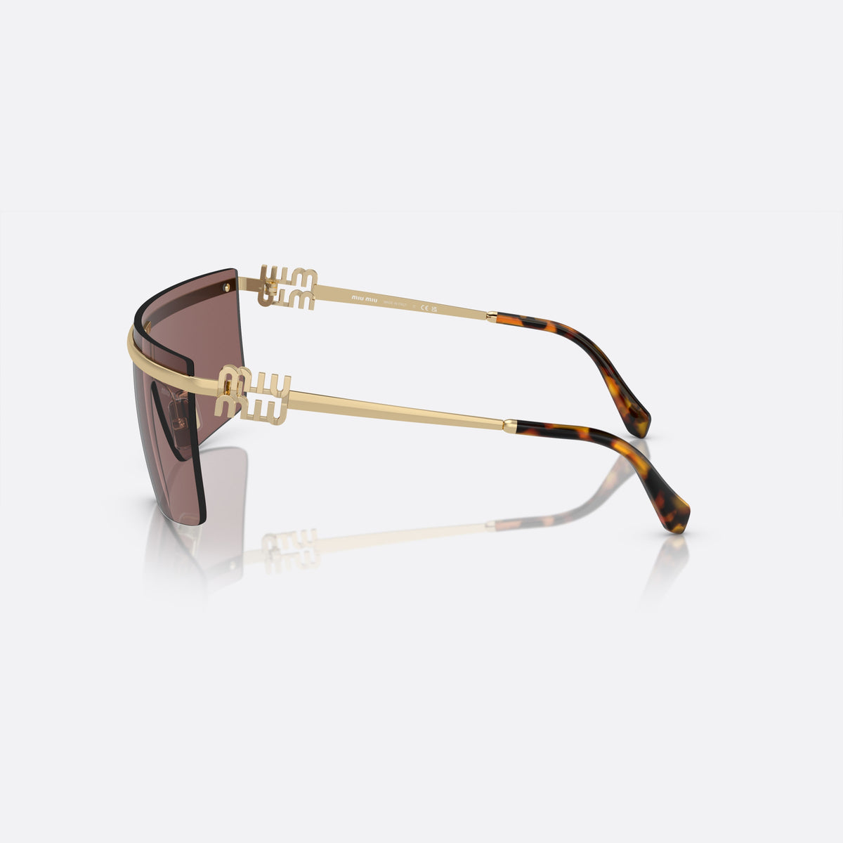 Ochelari de soare Miu Miu MU 50ZS ZVN-70D, neregulat auriu, pentru femei, punte metalică simplă, literele brandului pe brațe, vedere laterală