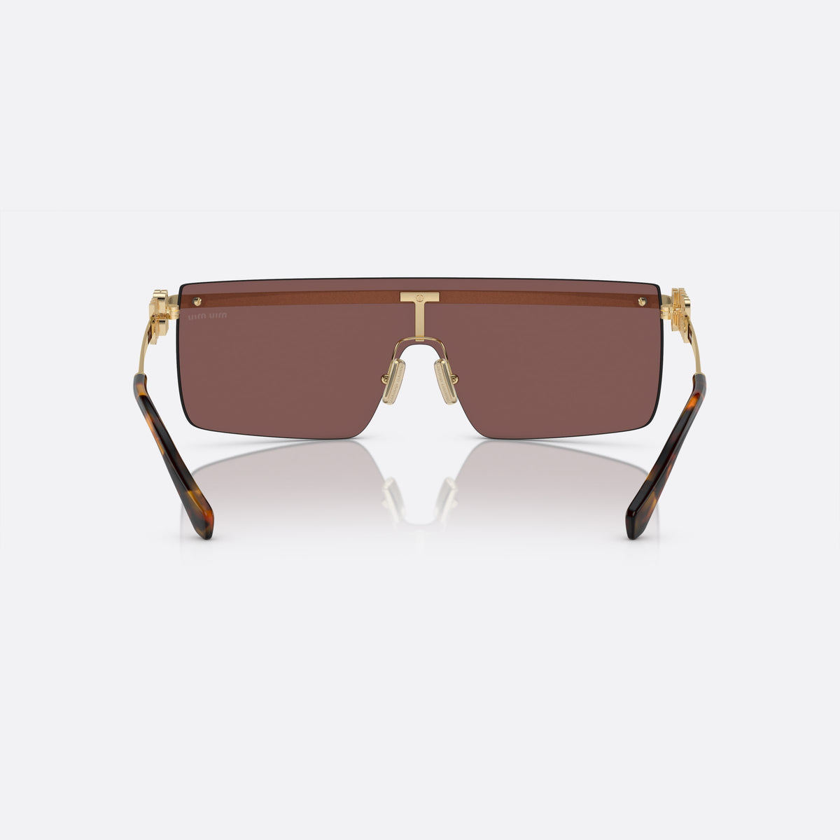 Ochelari de soare Miu Miu MU 50ZS ZVN-70D, neregulat auriu, pentru femei, punte metalică simplă, literele brandului pe brațe, vedere din spate