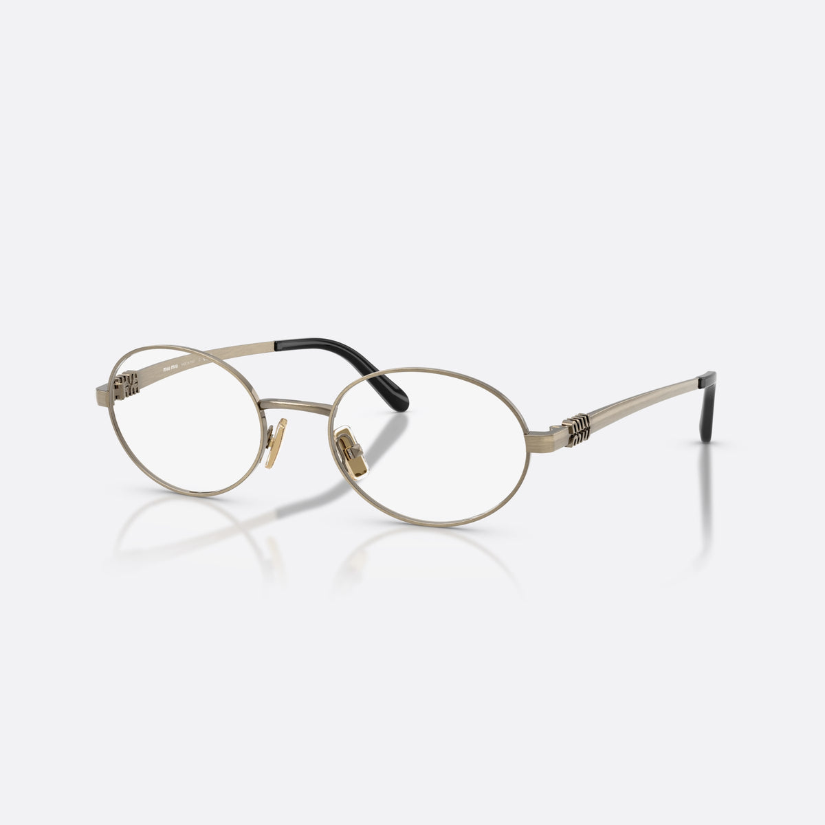 Miu Miu MU 50ZV 26C1O1 eyeglasses, gold oval frame for women, plain metal bridge, brand lettering on temples