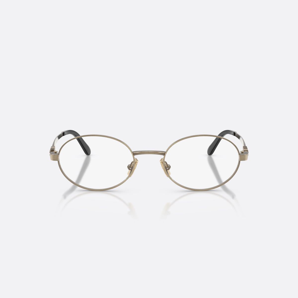 Miu Miu MU 50ZV 26C1O1 eyeglasses, gold oval frame for women, plain metal bridge, brand lettering on temples, front view