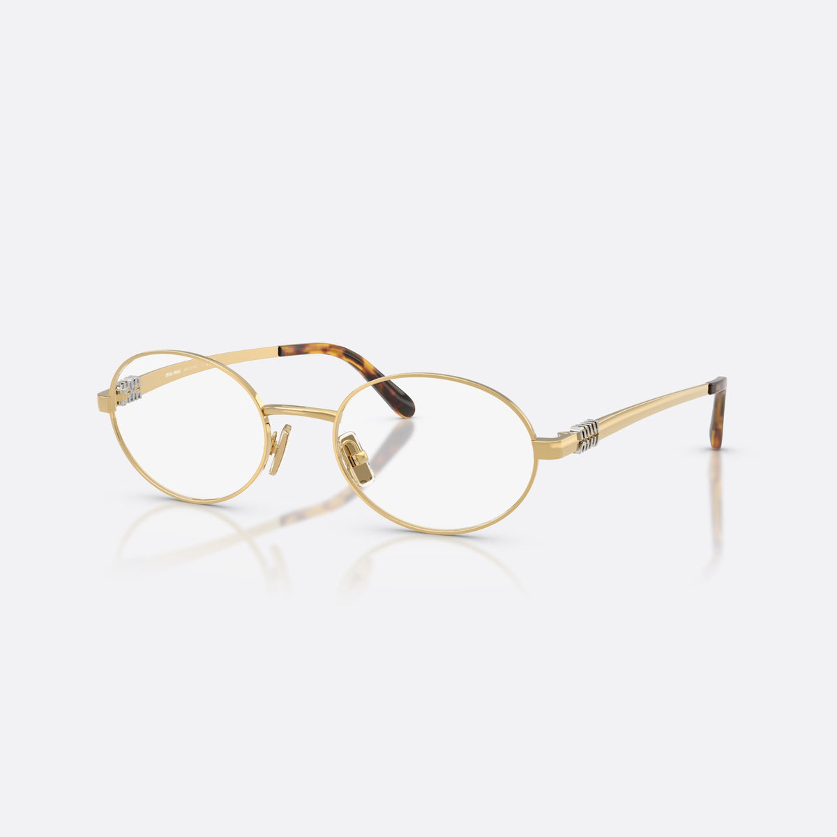 Miu Miu MU 50ZV 5AK1O1 eyeglasses, gold oval frame for women, plain metal bridge, brand lettering on temples