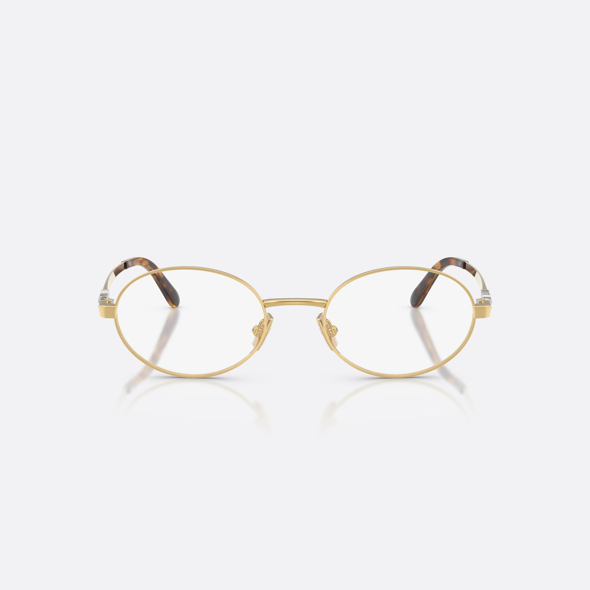 Miu Miu MU 50ZV 5AK1O1 eyeglasses, gold oval frame for women, plain metal bridge, brand lettering on temples, front view