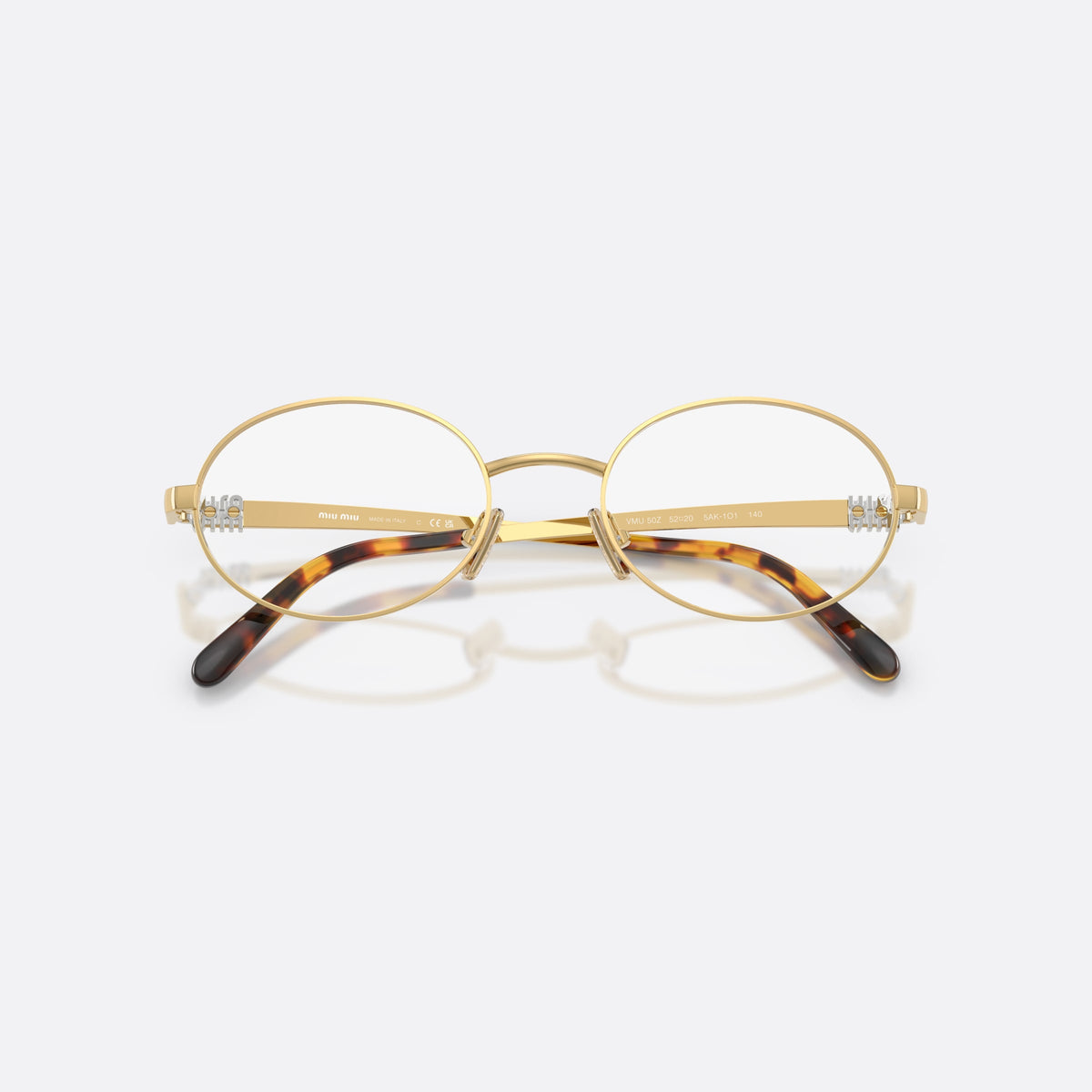 Miu Miu MU 50ZV 5AK1O1 eyeglasses, gold oval frame for women, plain metal bridge, brand lettering on temples, folded