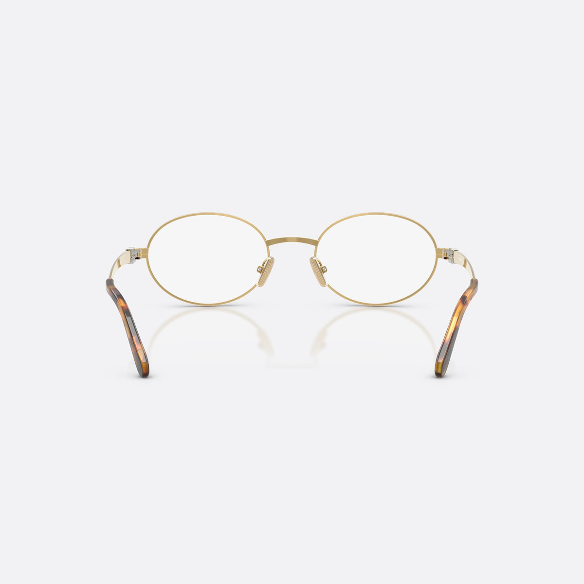 Miu Miu MU 50ZV 5AK1O1 eyeglasses, gold oval frame for women, plain metal bridge, brand lettering on temples, back view