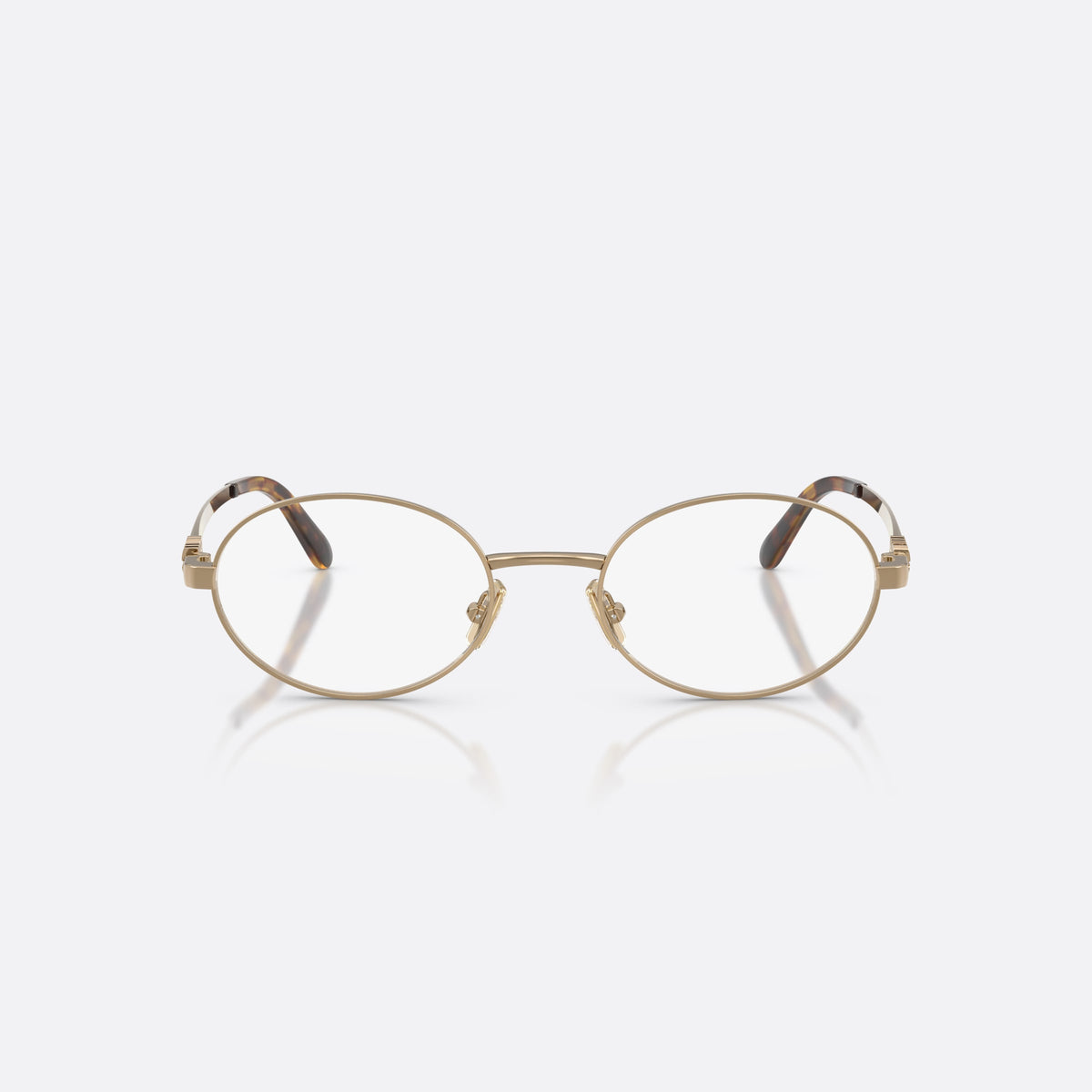 Miu Miu MU 50ZV 7OE1O1 eyeglasses, gold oval frame for women, plain metal bridge, brand logo on temples, front view