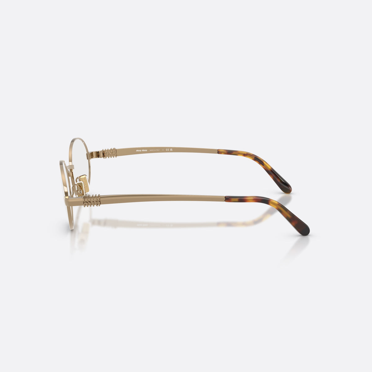 Miu Miu MU 50ZV 7OE1O1 eyeglasses, gold oval frame for women, plain metal bridge, brand logo on temples, side view