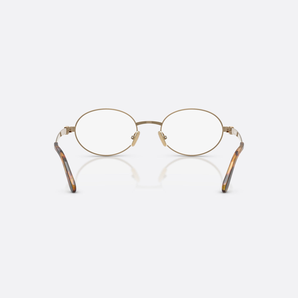Miu Miu MU 50ZV 7OE1O1 eyeglasses, gold oval frame for women, plain metal bridge, brand logo on temples, back view