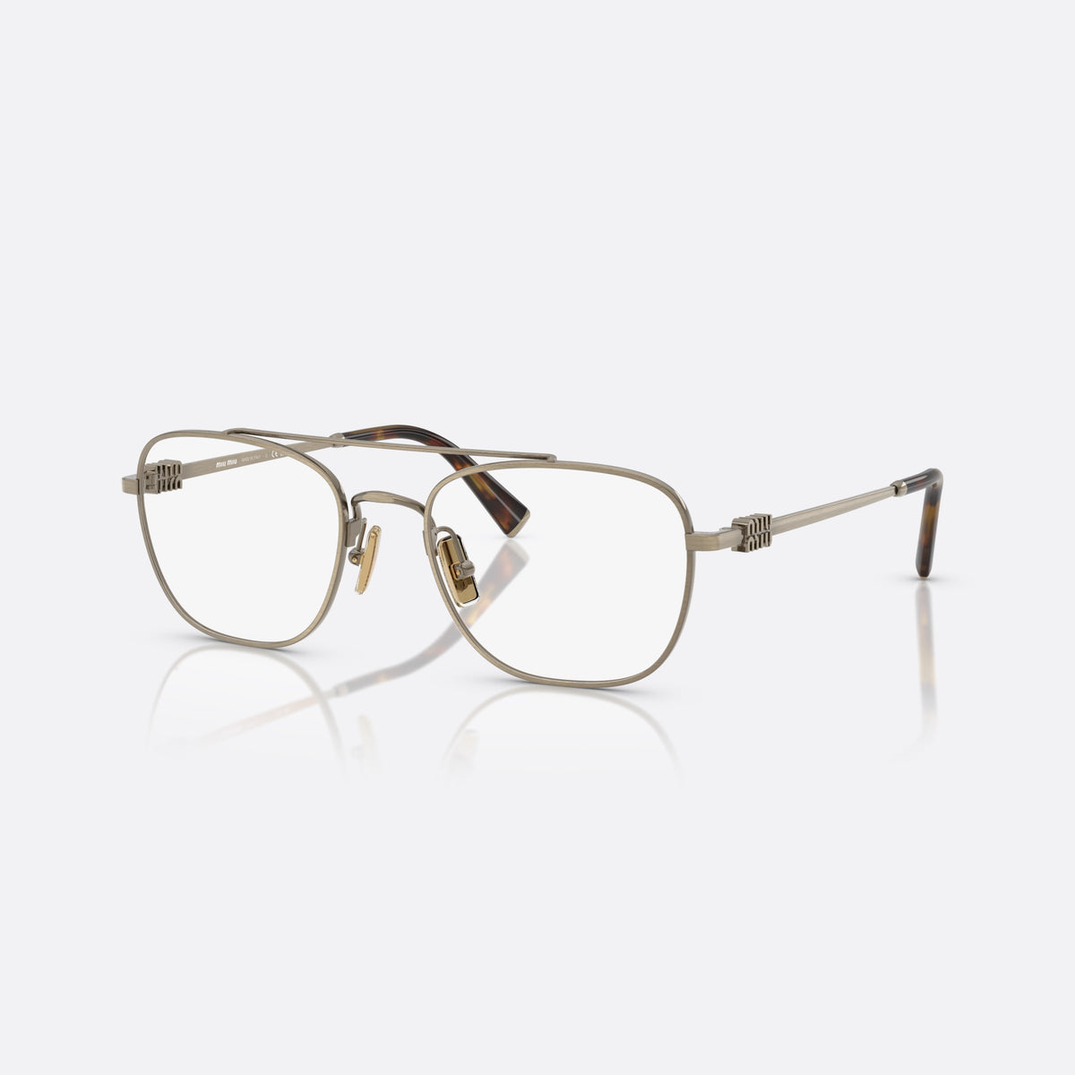 Miu Miu MU 51WV 26C1O1 eyeglasses, gold square frame for women, double bridge with top bar, brand lettering on the temples
