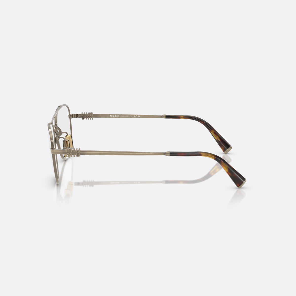 Miu Miu MU 51WV 26C1O1 eyeglasses, gold square frame for women, double bridge with top bar, brand lettering on the temples, side view