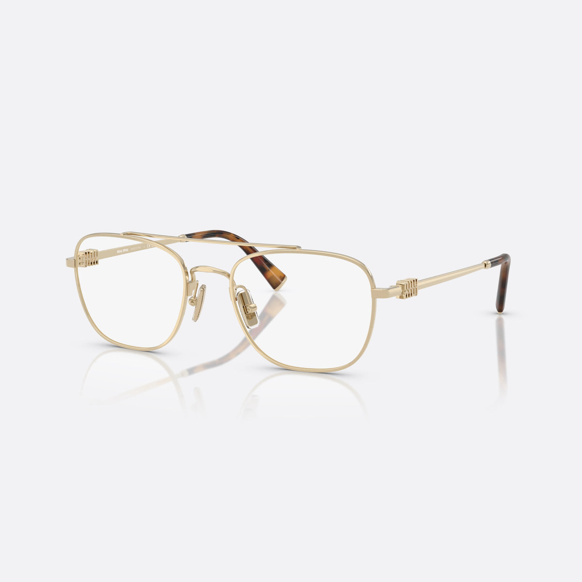 Miu Miu MU 51WV ZVN1O1 eyeglasses, gold square frame for women, double bridge with top bar, brand lettering on the temples