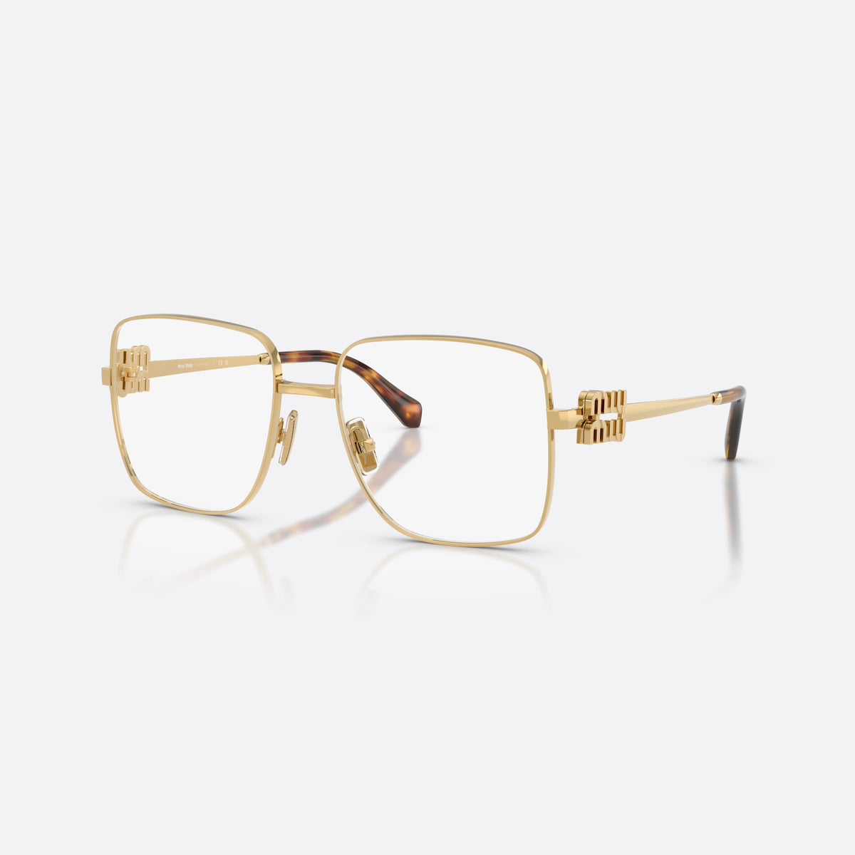 Miu Miu MU 51XV 5AK1O1 eyeglasses, gold square frame for women, plain metal bridge, brand logo plaque on temples