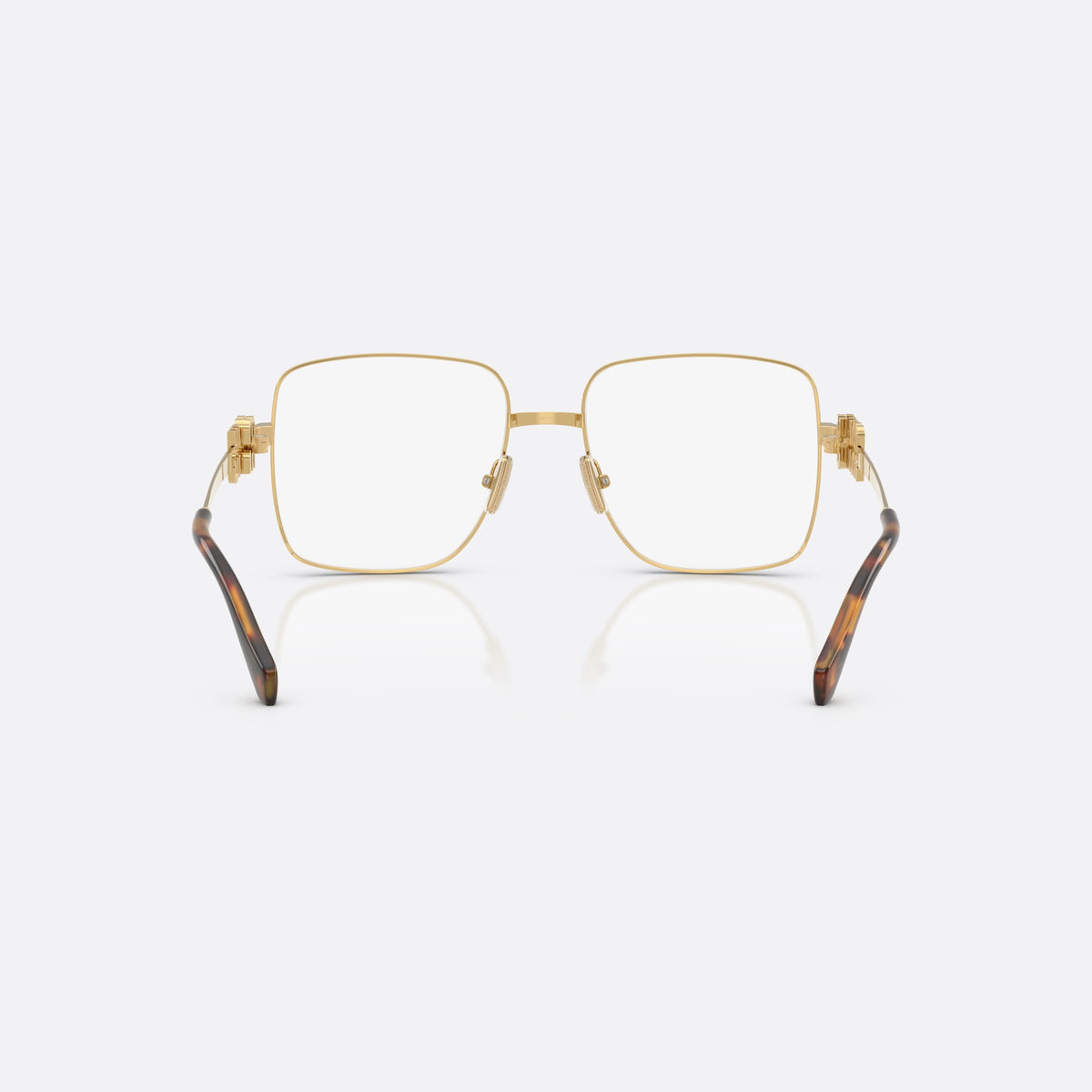 Miu Miu MU 51XV 5AK1O1 eyeglasses, gold square frame for women, plain metal bridge, brand logo plaque on temples, back view
