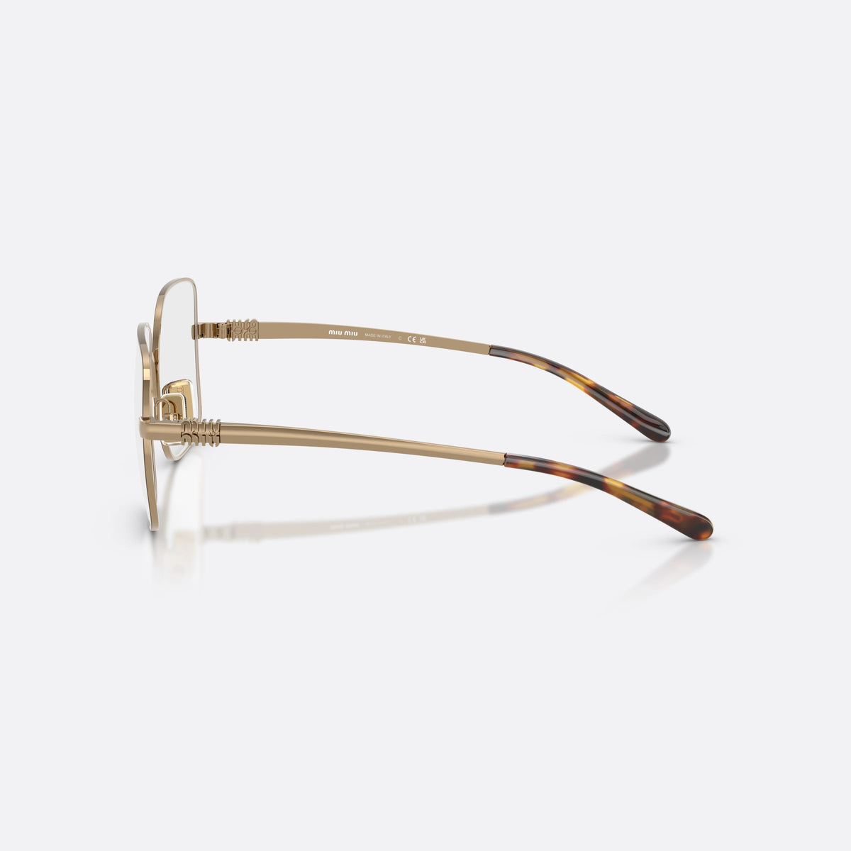 Miu Miu MU 51YV 24H1O1 eyeglasses, brown square frame for women, metal saddle bridge with arch, full-rim thin frame, side view