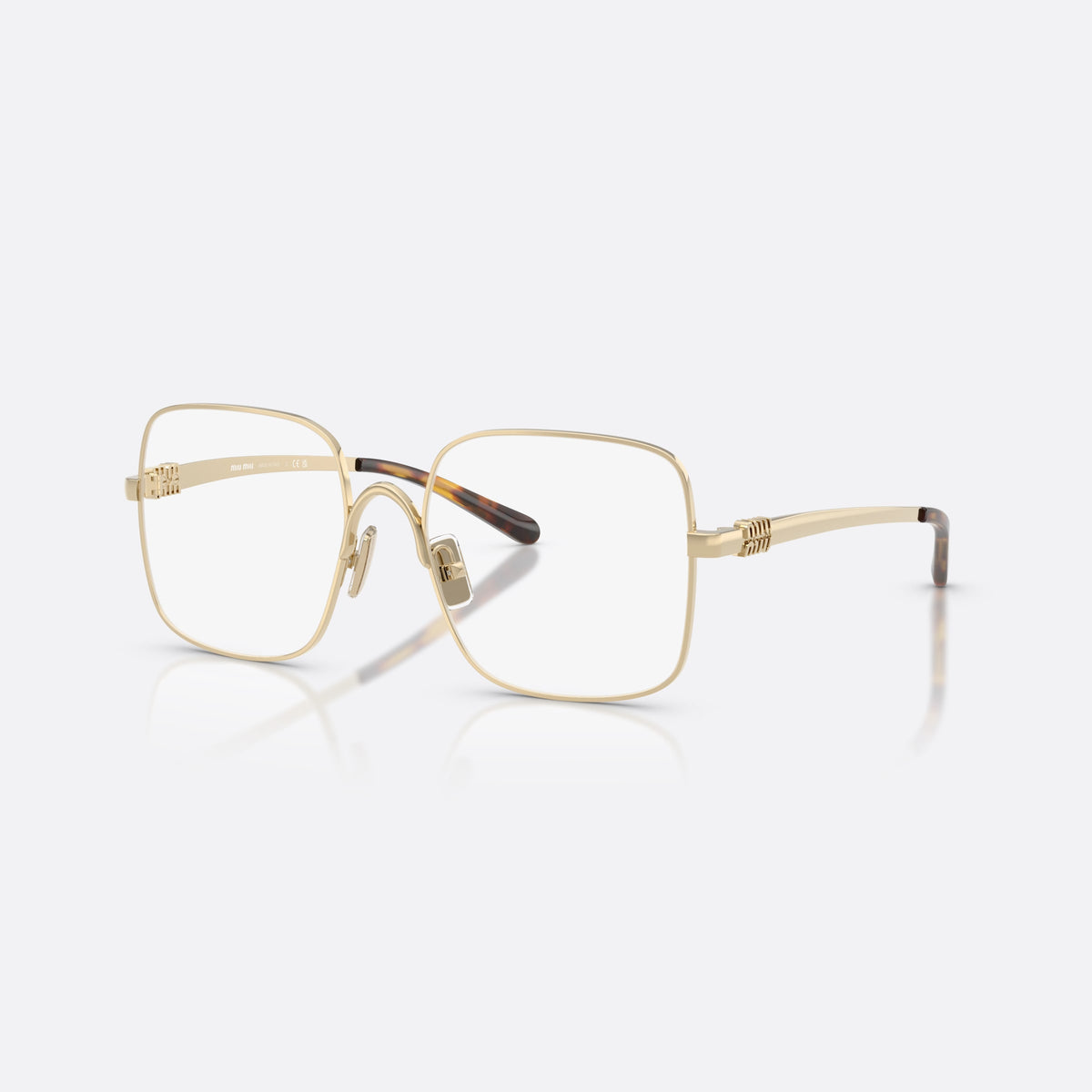 Miu Miu MU 51YV ZVN1O1 eyeglasses, gold square frame for women, double bridge with metal arch, brand lettering on temples