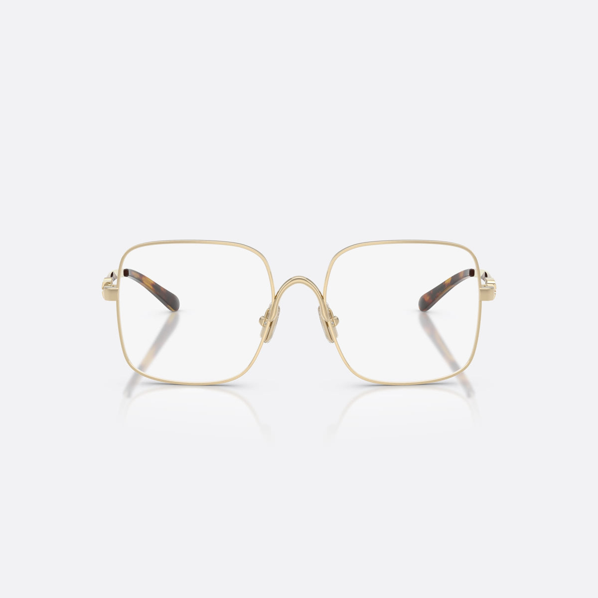 Miu Miu MU 51YV ZVN1O1 eyeglasses, gold square frame for women, double bridge with metal arch, brand lettering on temples, front view