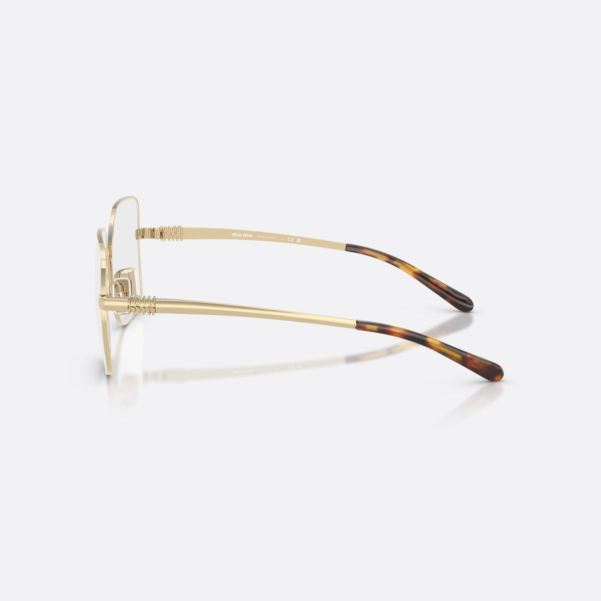 Miu Miu MU 51YV ZVN1O1 eyeglasses, gold square frame for women, double bridge with metal arch, brand lettering on temples, side view