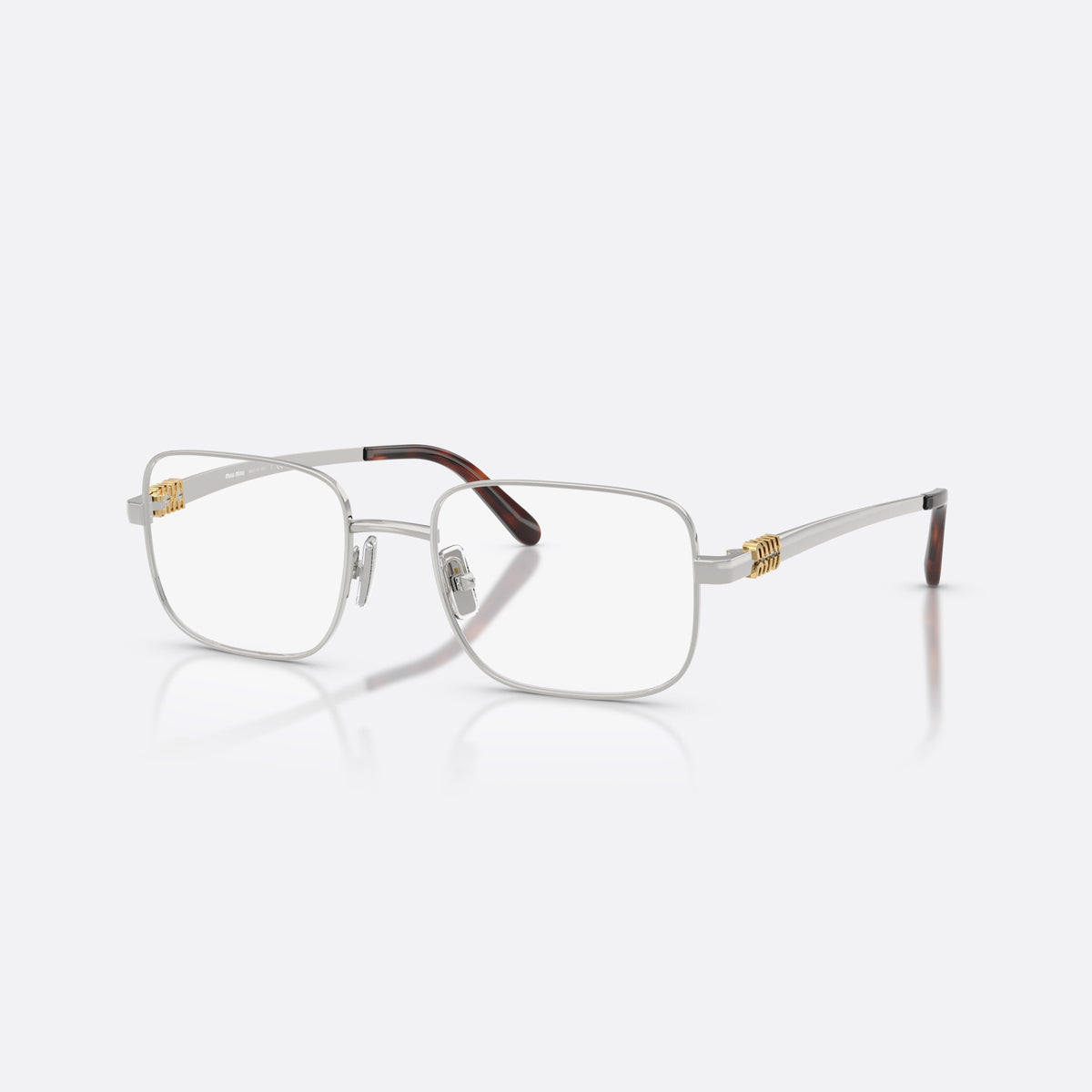 Miu Miu MU 51ZV 1BC1O1 eyeglasses, silver rectangle frame for women, plain metal bridge, brand logo plaque on temples