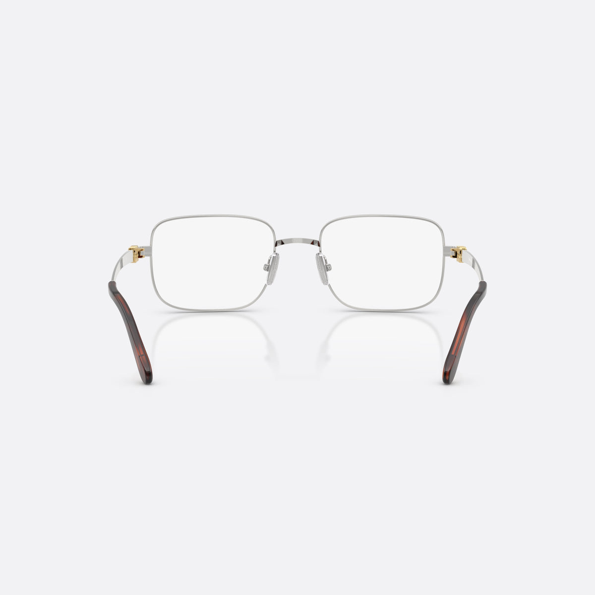 Miu Miu MU 51ZV 1BC1O1 eyeglasses, silver rectangle frame for women, plain metal bridge, brand logo plaque on temples, back view