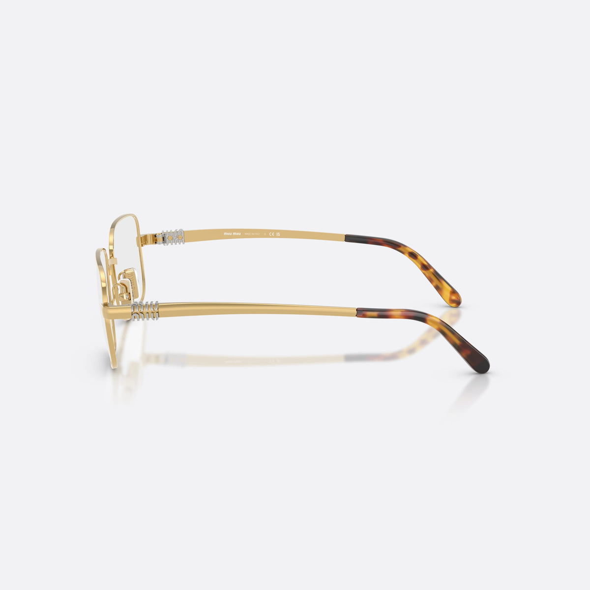 Miu Miu MU 51ZV 5AK1O1 eyeglasses, gold rectangle frame for women, plain metal bridge, brand lettering on temples, side view