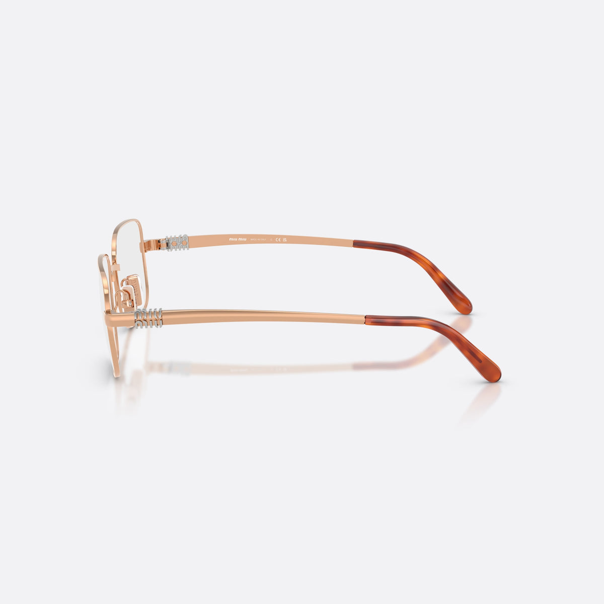 Miu Miu MU 51ZV ZVF1O1 eyeglasses, pink rectangle frame for women, plain metal bridge, brand lettering on temples, side view