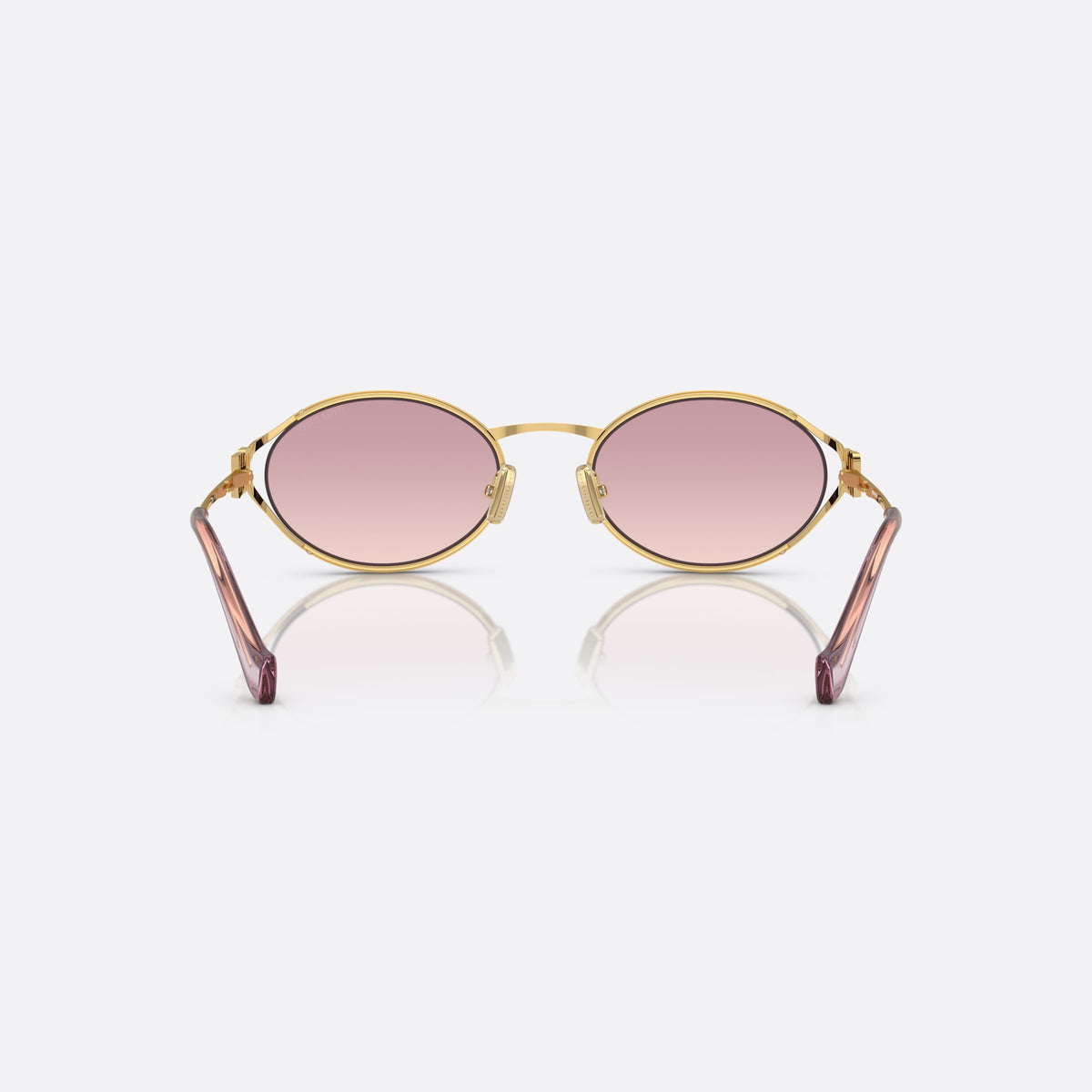 Miu Miu MU 52YS 5AK-06S sunglasses, gold oval frame for women, thin metal bridge, brand logo on temples, back view