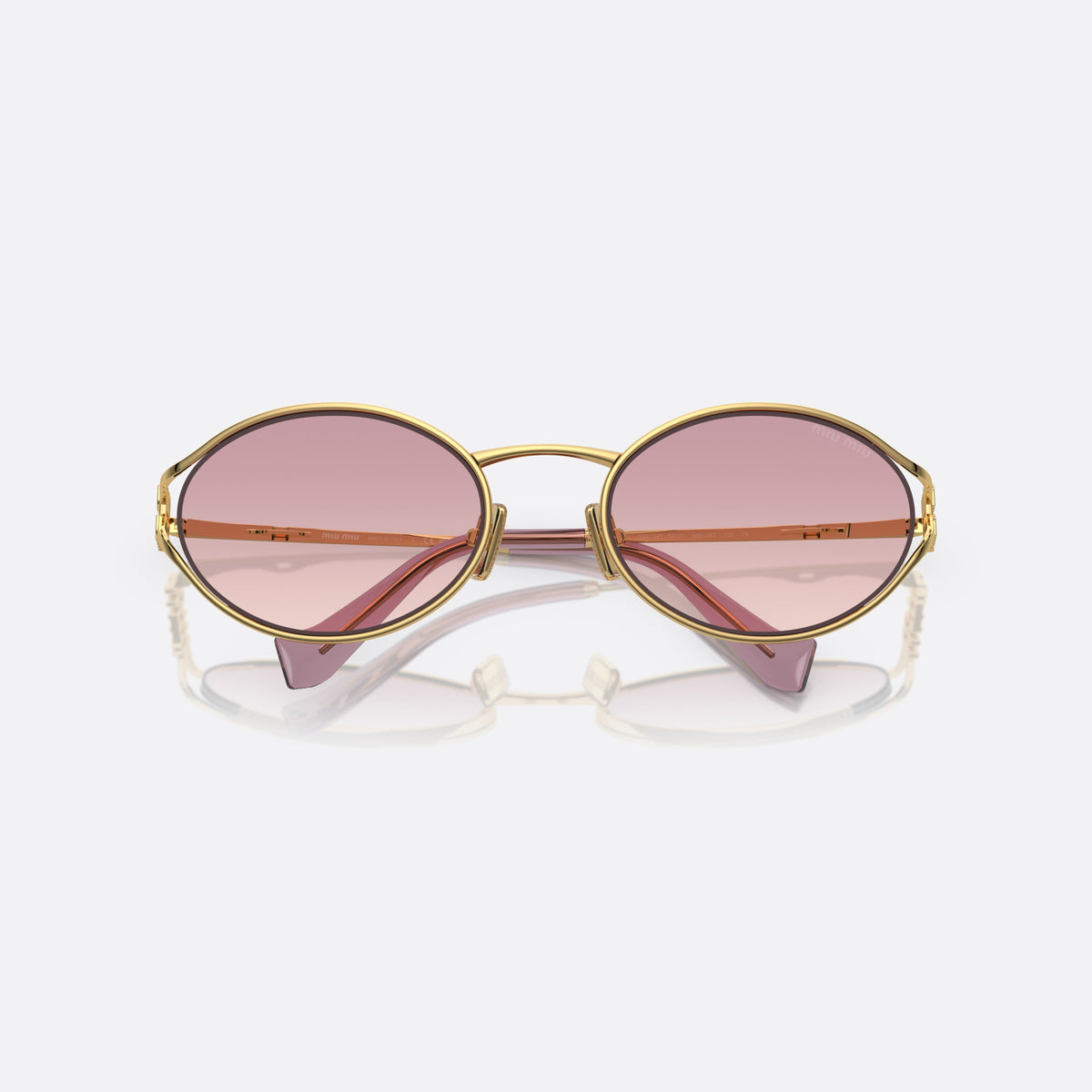 Miu Miu MU 52YS 5AK-06S sunglasses, gold oval frame for women, thin metal bridge, brand logo on temples, folded
