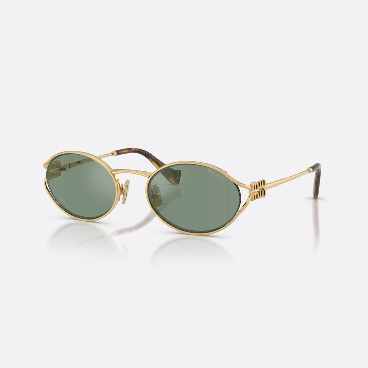 Miu Miu MU 52YS 5AK04M sunglasses, gold oval frame for women, thin metal saddle bridge, brand lettering on the temples