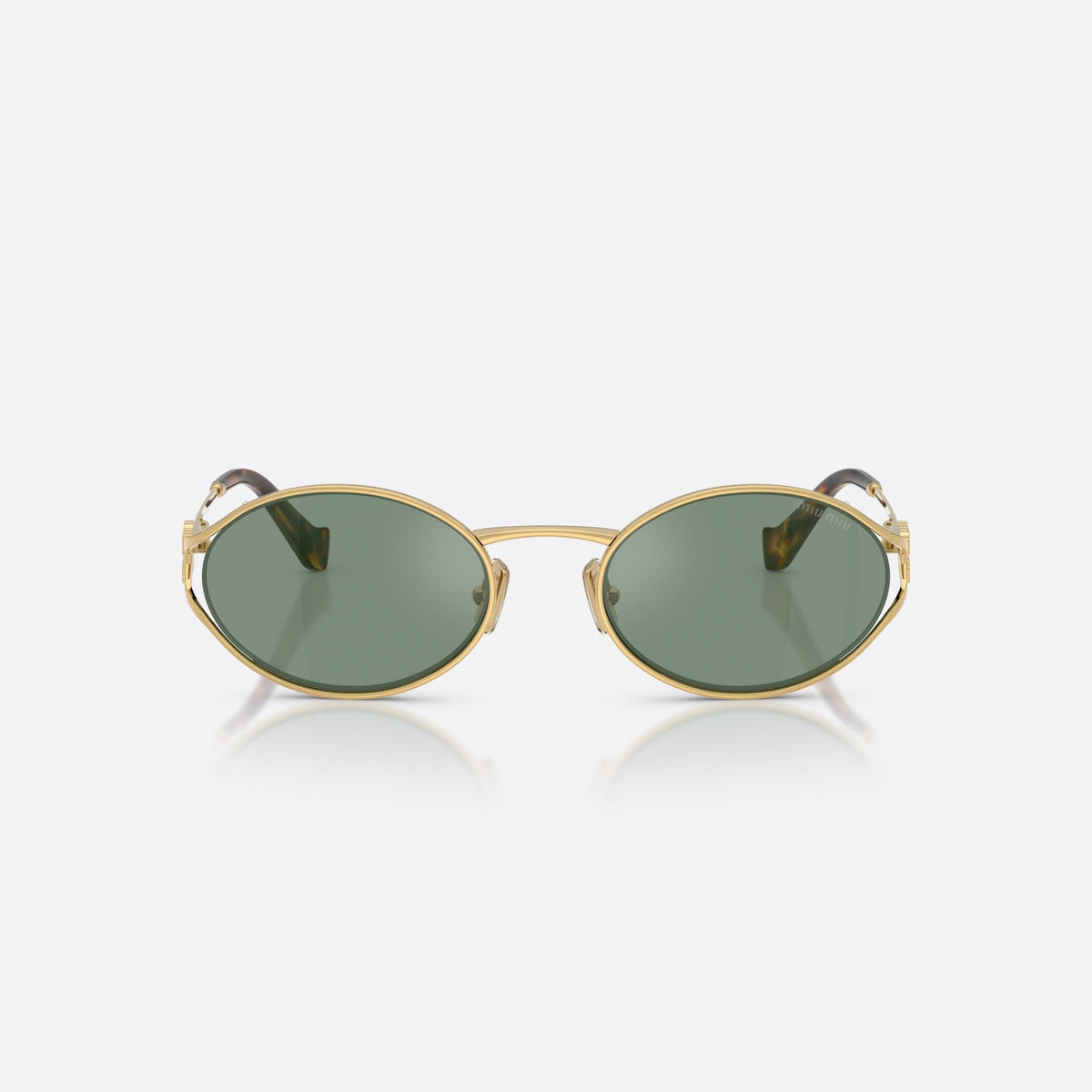 Miu Miu MU 52YS 5AK04M sunglasses, gold oval frame for women, thin metal saddle bridge, brand lettering on the temples, front view