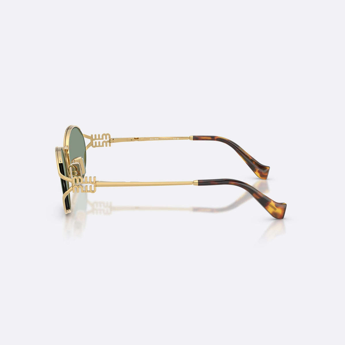 Miu Miu MU 52YS 5AK04M sunglasses, gold oval frame for women, thin metal saddle bridge, brand lettering on the temples, side view