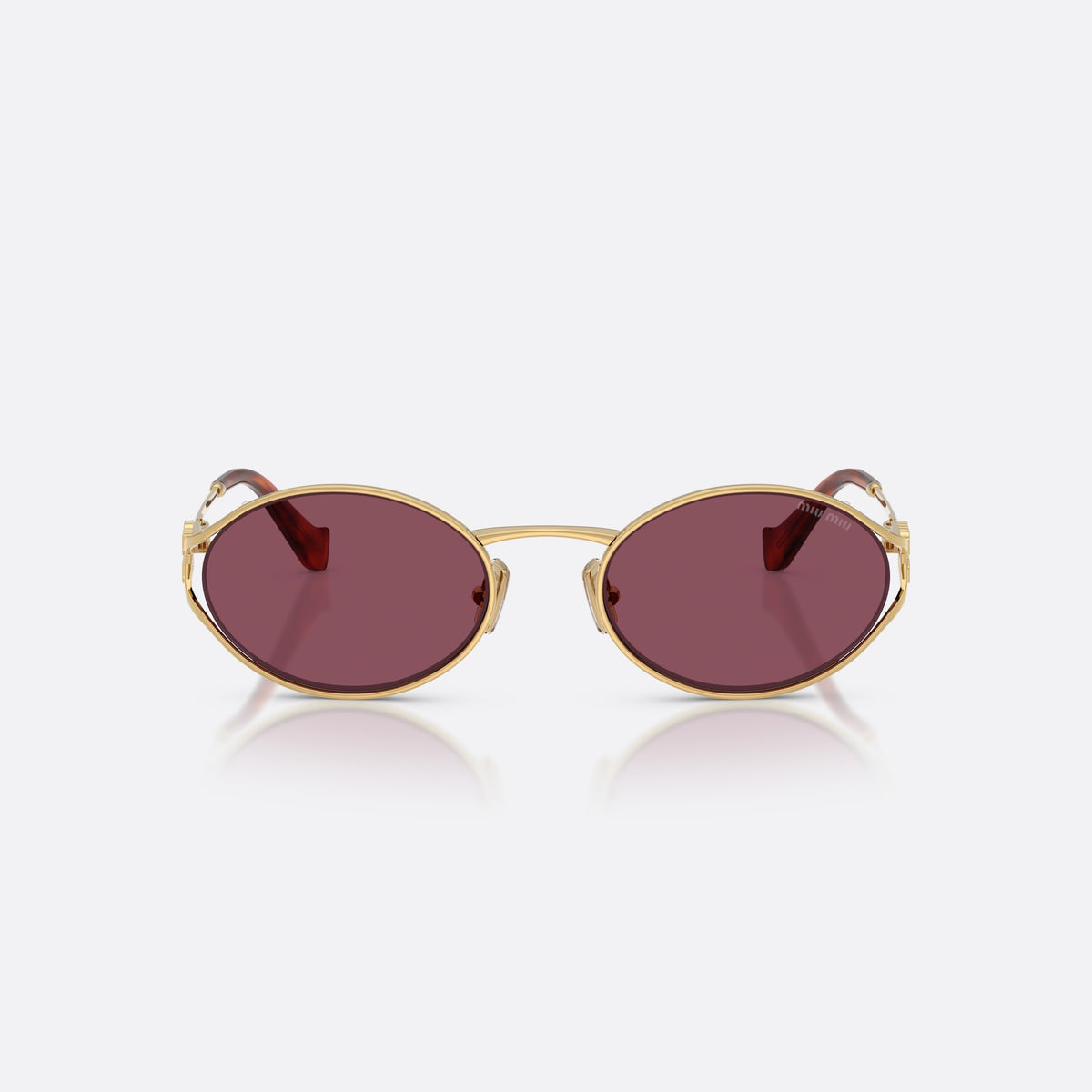 Ochelari de soare Miu Miu MU 52YS 5AK20Y, ovali auriu, pentru femei, punte metalică subțire, logo al brandului pe braț, vedere din față