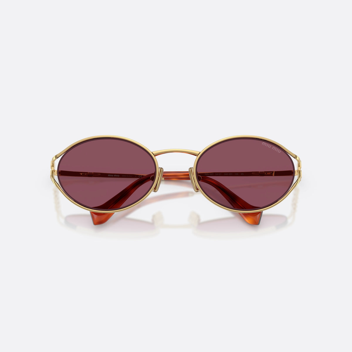 Ochelari de soare Miu Miu MU 52YS 5AK20Y, ovali auriu, pentru femei, punte metalică subțire, logo al brandului pe braț, cu brațele pliate