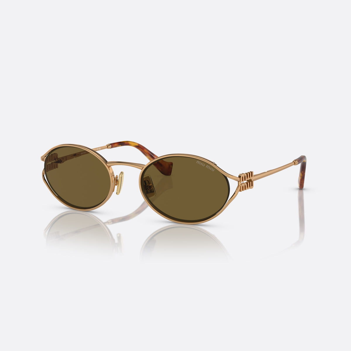 Miu Miu MU 52YS 7OE-01T sunglasses, gold oval frame for women, thin metal bridge, brand logo on temple