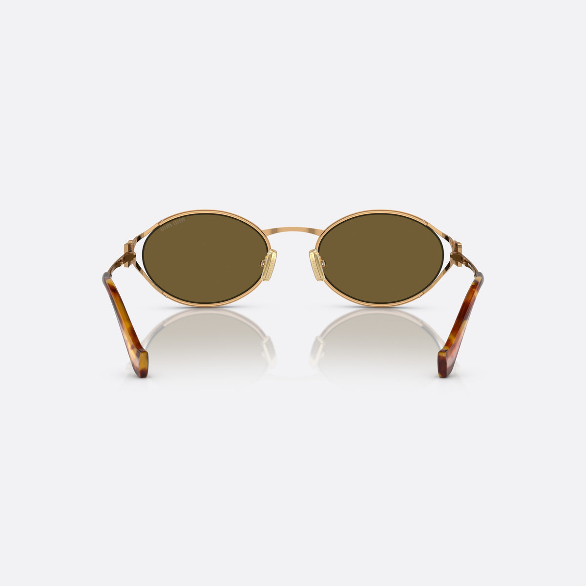 Miu Miu MU 52YS 7OE-01T sunglasses, gold oval frame for women, thin metal bridge, brand logo on temple, back view