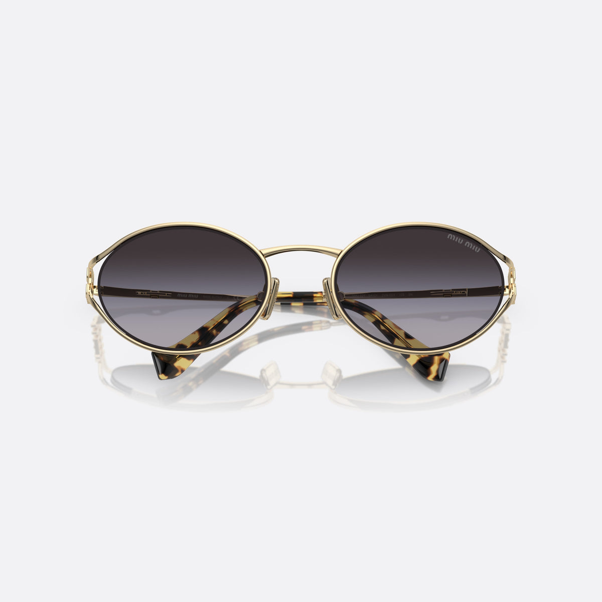 Miu Miu MU 52YS ZVN-5D1 sunglasses, gold oval frame for women, thin metal bridge, brand logo on temple, folded