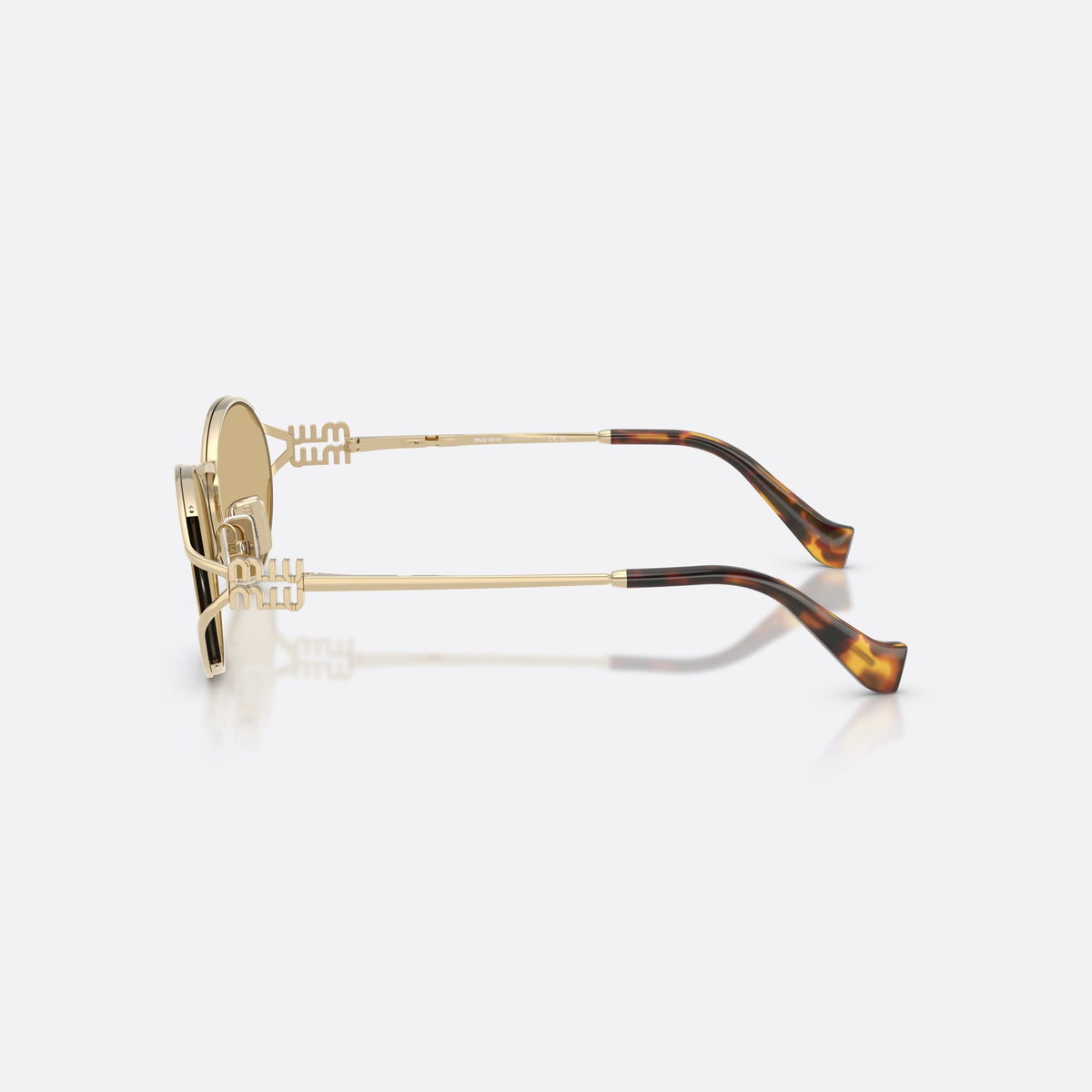 Ochelari de soare Miu Miu MU 52YS ZVN10R, ovali auriu, pentru femei, punte metalică subțire tip șa, literele brandului pe brațe, vedere laterală