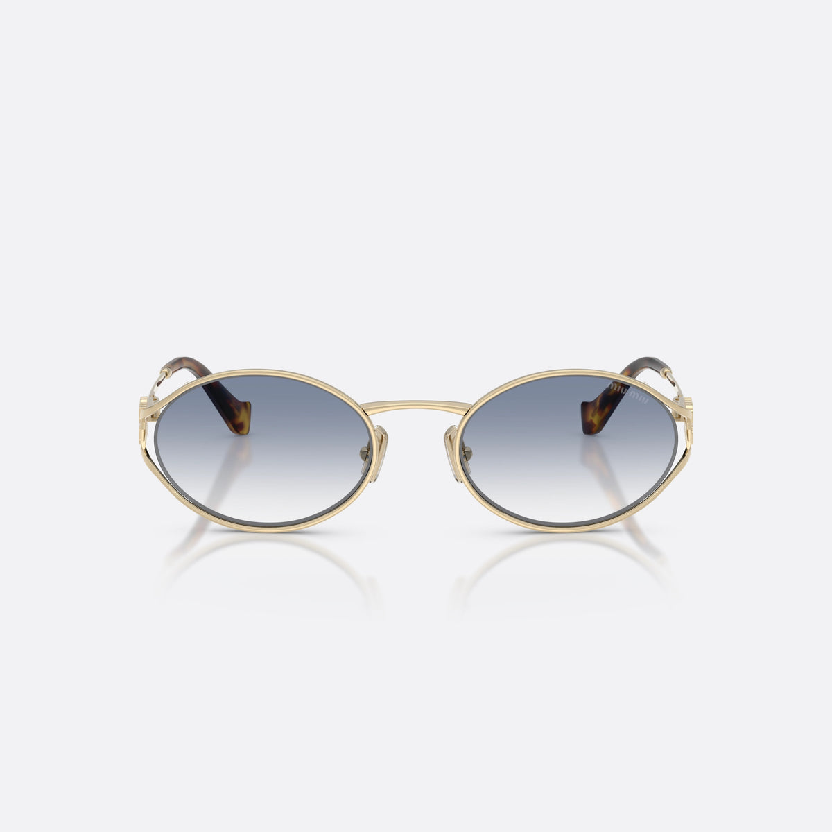 Ochelari de soare Miu Miu MU 52YS ZVN80O, ovali auriu, pentru femei, punte metalică subțire, logo al brandului pe brațe, vedere din față