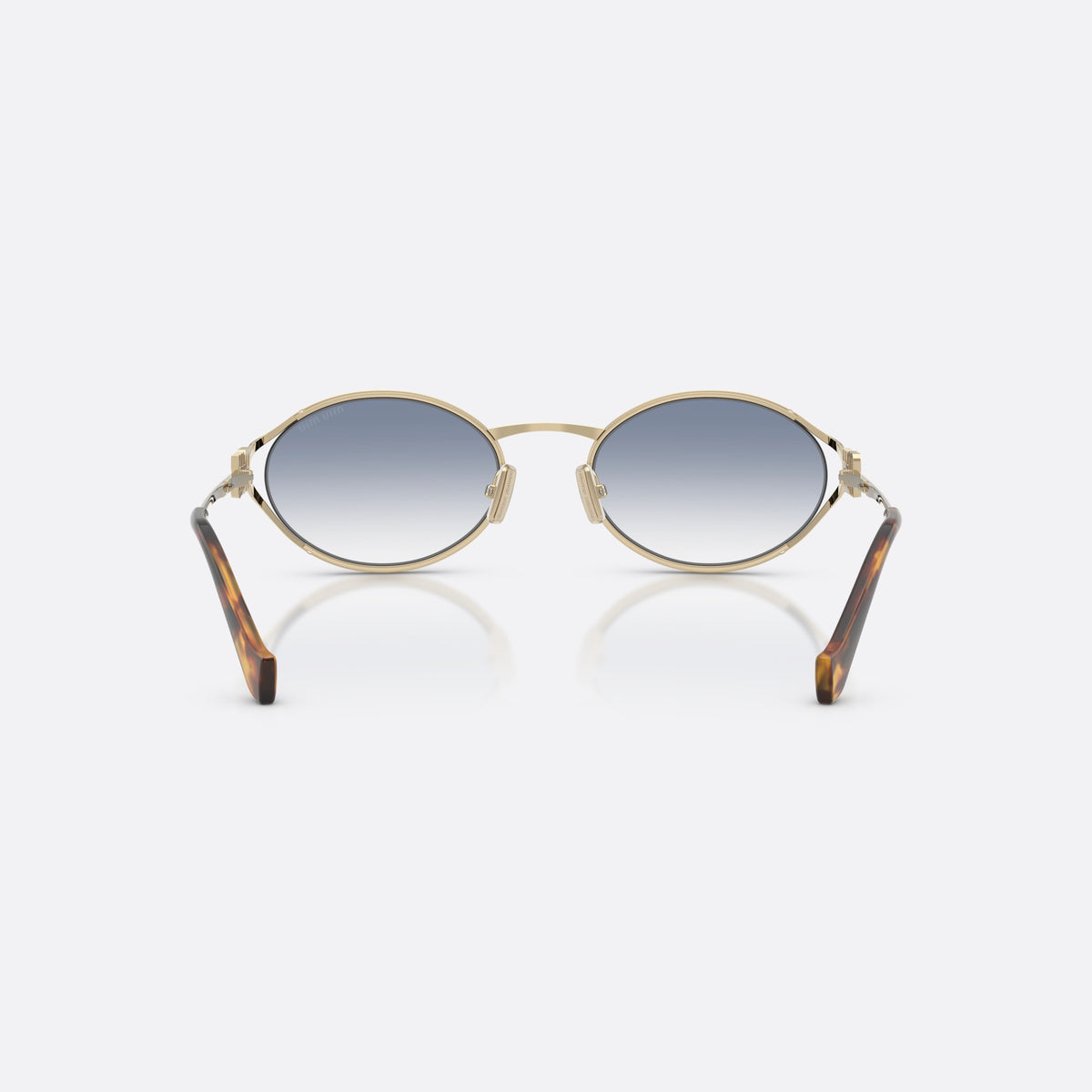Ochelari de soare Miu Miu MU 52YS ZVN80O, ovali auriu, pentru femei, punte metalică subțire, logo al brandului pe brațe, vedere din spate