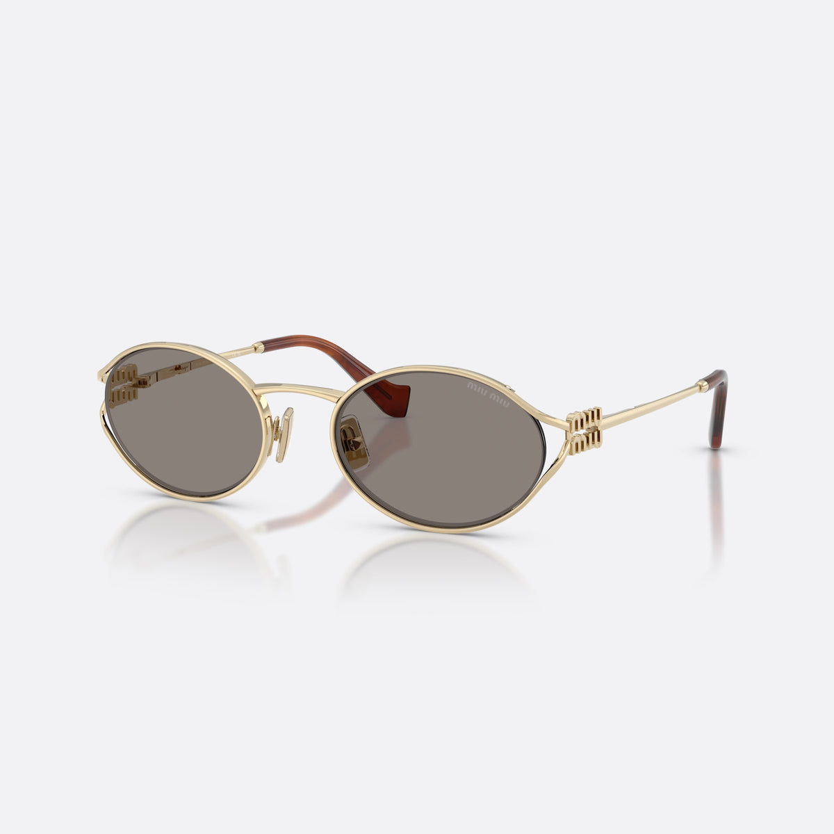Miu Miu MU 52YS ZVN80Q sunglasses, gold oval frame for women, thin metal bridge, brand logo on temples