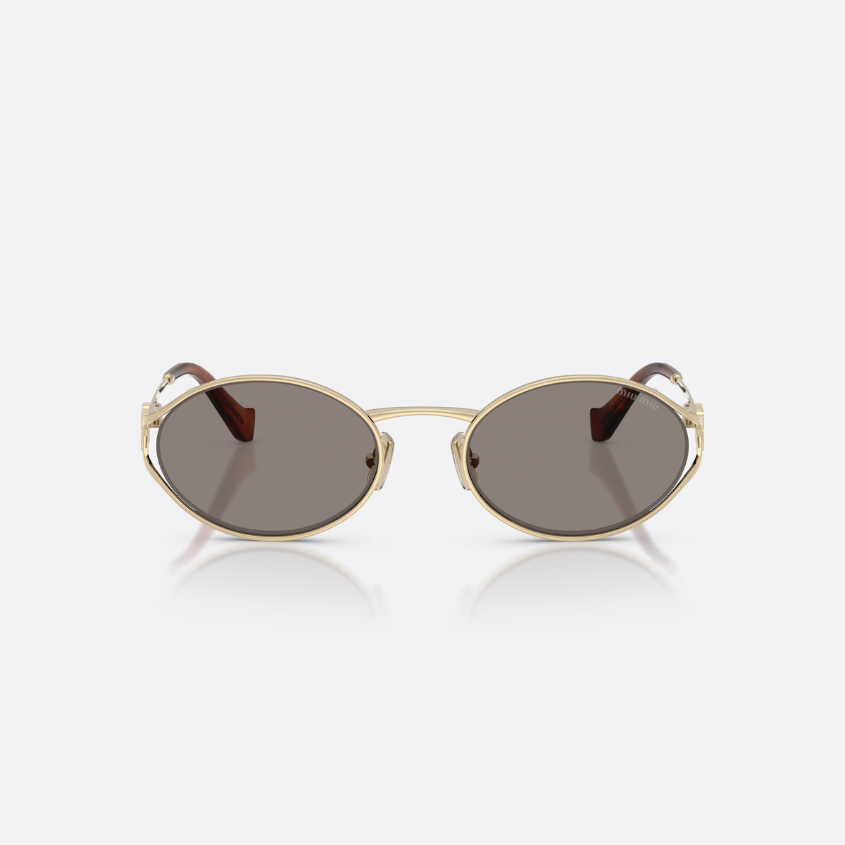 Miu Miu MU 52YS ZVN80Q sunglasses, gold oval frame for women, thin metal bridge, brand logo on temples, front view