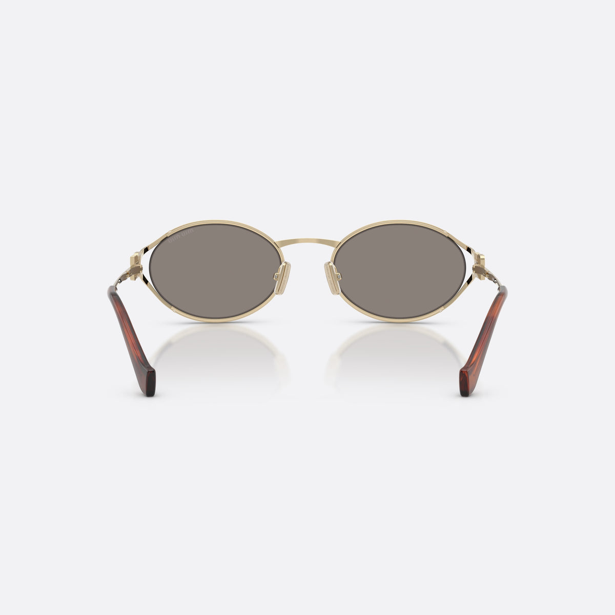 Miu Miu MU 52YS ZVN80Q sunglasses, gold oval frame for women, thin metal bridge, brand logo on temples, back view
