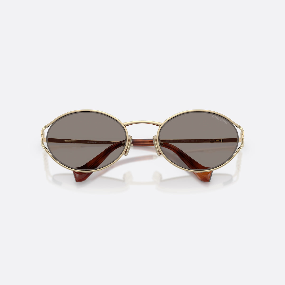 Miu Miu MU 52YS ZVN80Q sunglasses, gold oval frame for women, thin metal bridge, brand logo on temples, folded