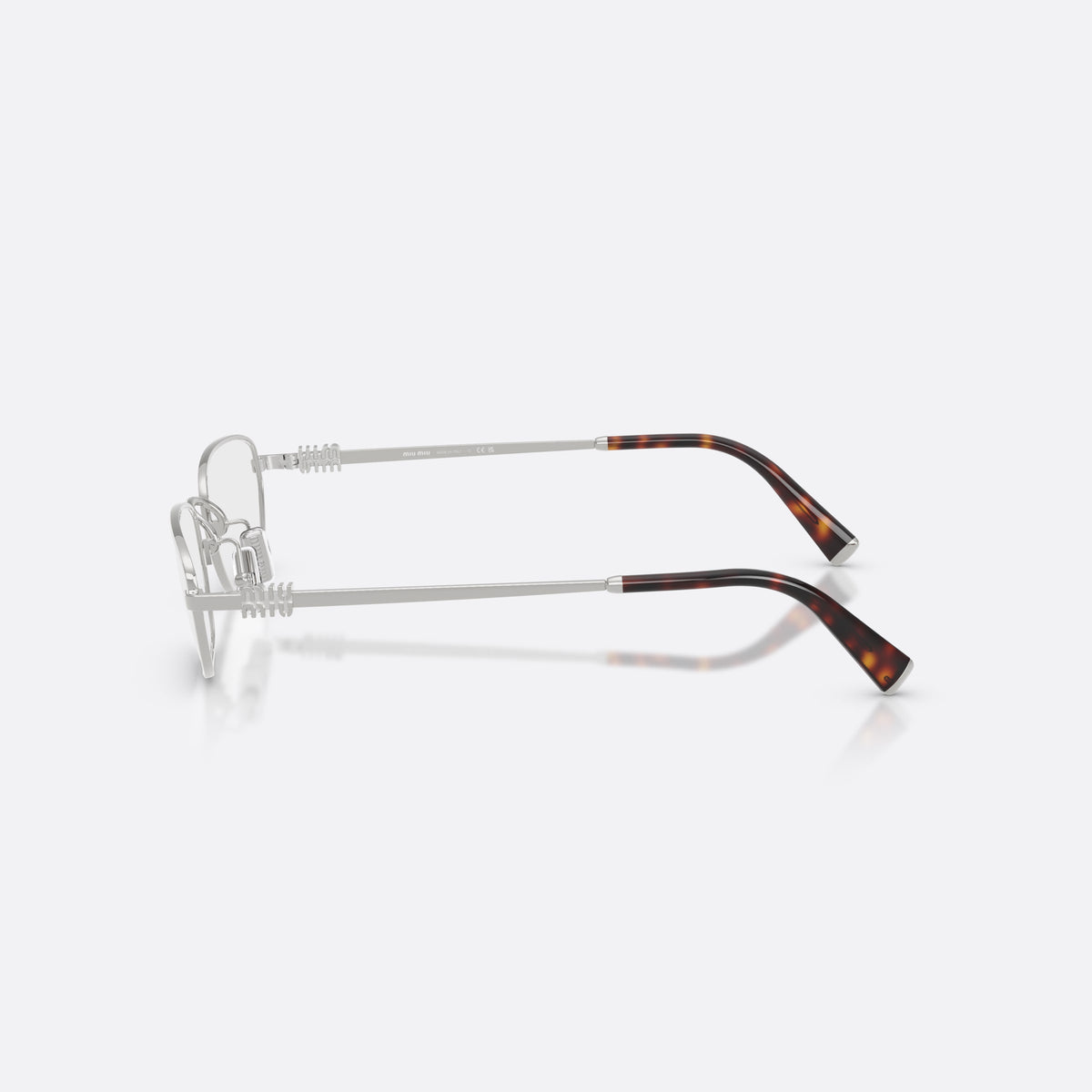 Rame ochelari de vedere Miu Miu MU 52ZV 1BC1O1, neregulat argintiu, pentru femei, punte metalică simplă, logoul brandului pe brațe, vedere laterală