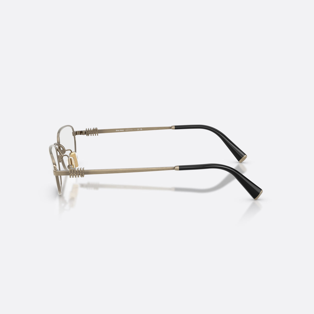 Rame ochelari de vedere Miu Miu MU 52ZV 26C1O1, neregulat auriu, pentru femei, punte metalică simplă, placă cu logoul brandului pe brațe, vedere laterală