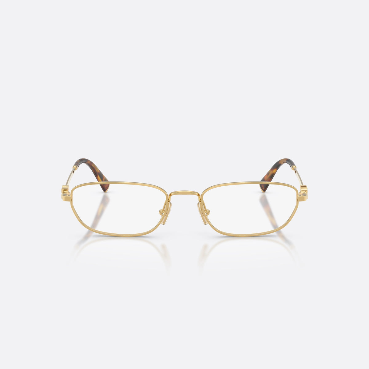 Miu Miu MU 52ZV 5AK1O1 eyeglasses, gold irregular frame for women, plain metal bridge, brand lettering on the temples, front view