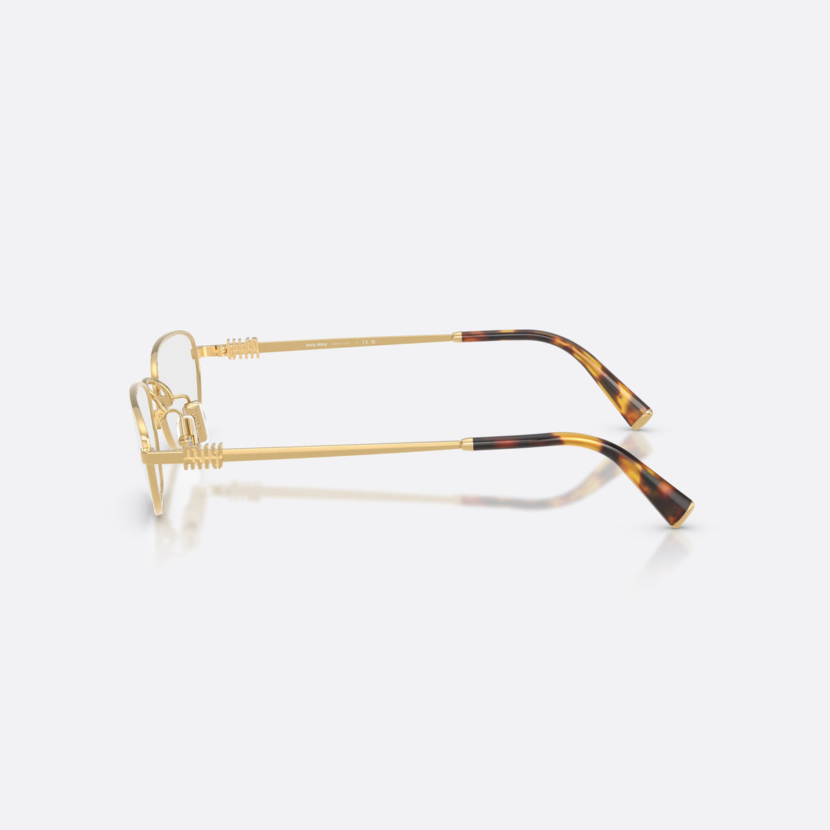 Miu Miu MU 52ZV 5AK1O1 eyeglasses, gold irregular frame for women, plain metal bridge, brand lettering on the temples, side view