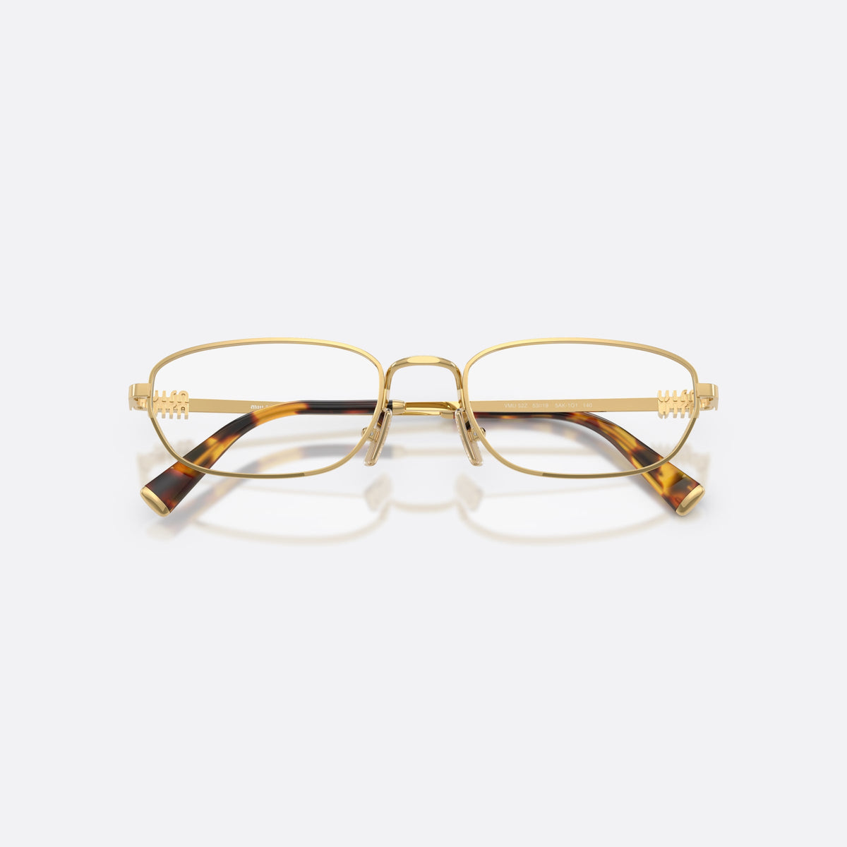 Miu Miu MU 52ZV 5AK1O1 eyeglasses, gold irregular frame for women, plain metal bridge, brand lettering on the temples, folded